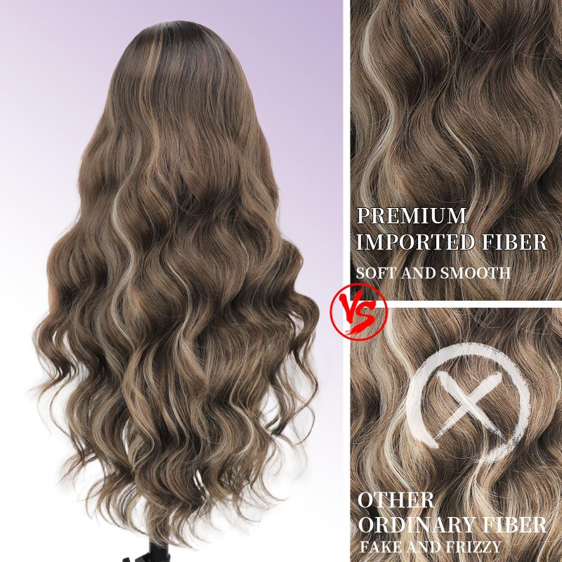 AISI HAIR 13×4 HD Brown Highlight Lace Front Wigs for Women - Pre Plucked Long Body Wavy Synthetic Lace Wig with Baby Hair, Beginner Friendly, Natural Looking, Free Part 28 Inch - Image 3